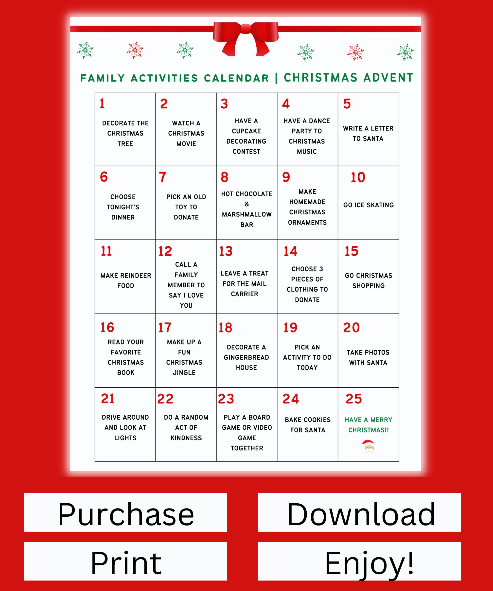 Christmas Advent Printable Christmas Countdown Christmas Party Games Advent Calendar for Kids