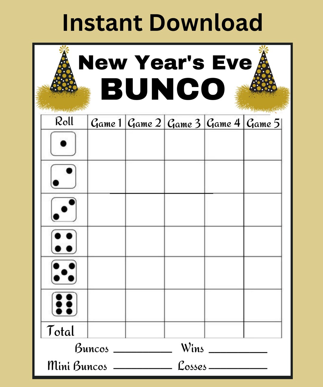 New Years Eve Bunco Game - Printable Bunco Cards - Score Card Tally ...