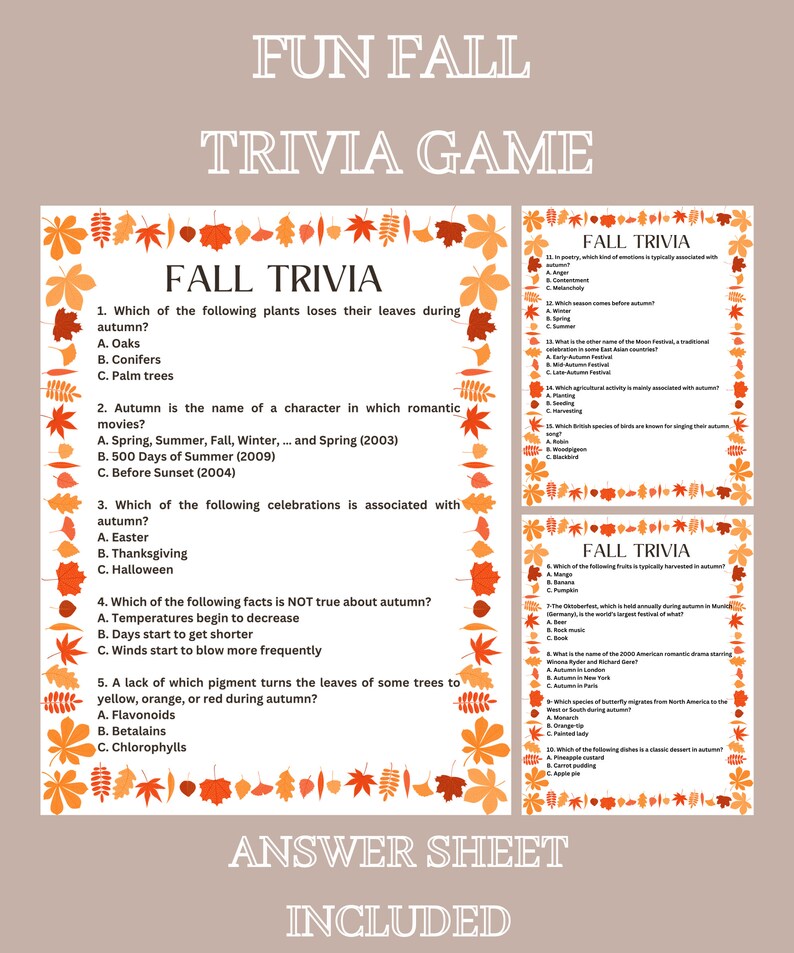 Fall Trivia Games Printable Autumn Game Thanksgiving Etsy