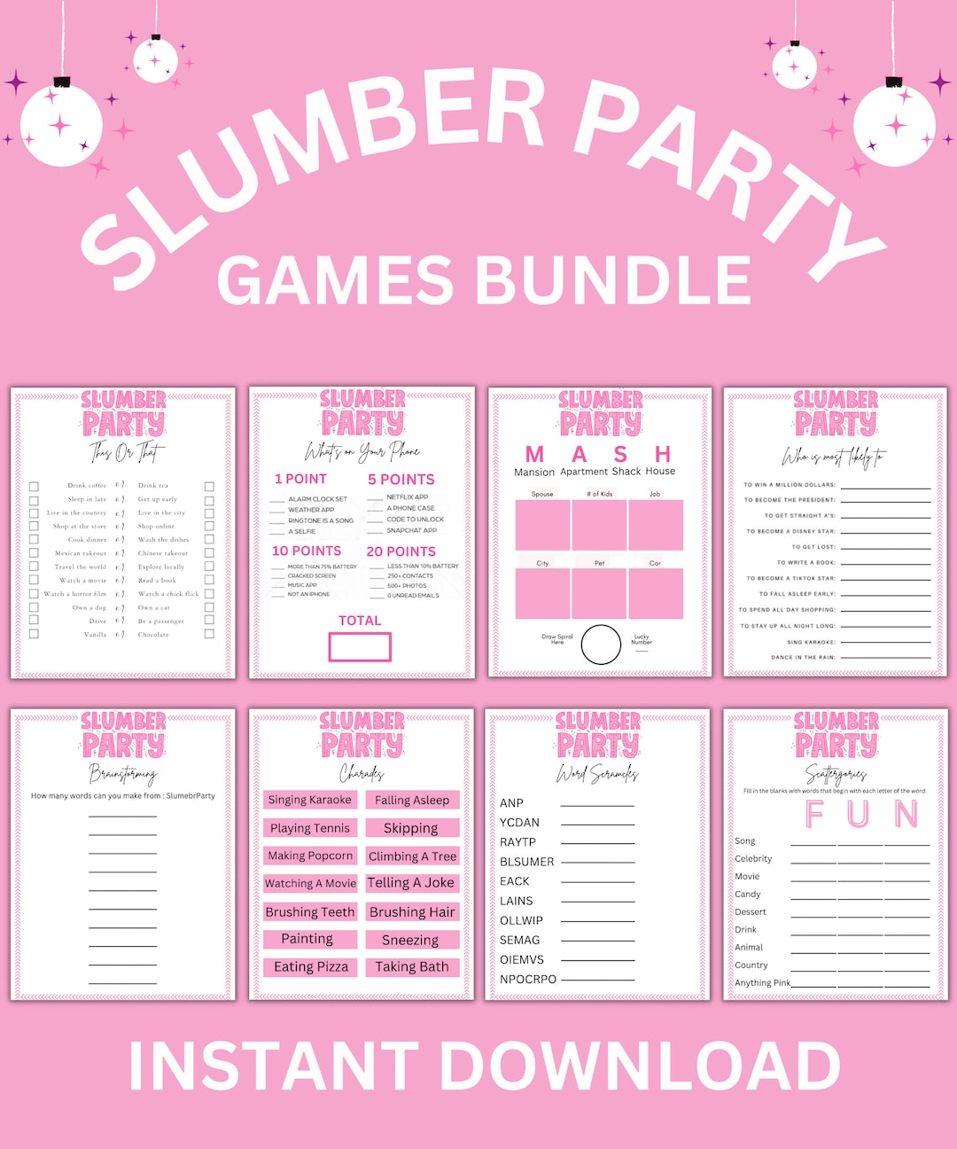 Slumber Party Games Bundle Sleepover Games Printable Pink Etsy