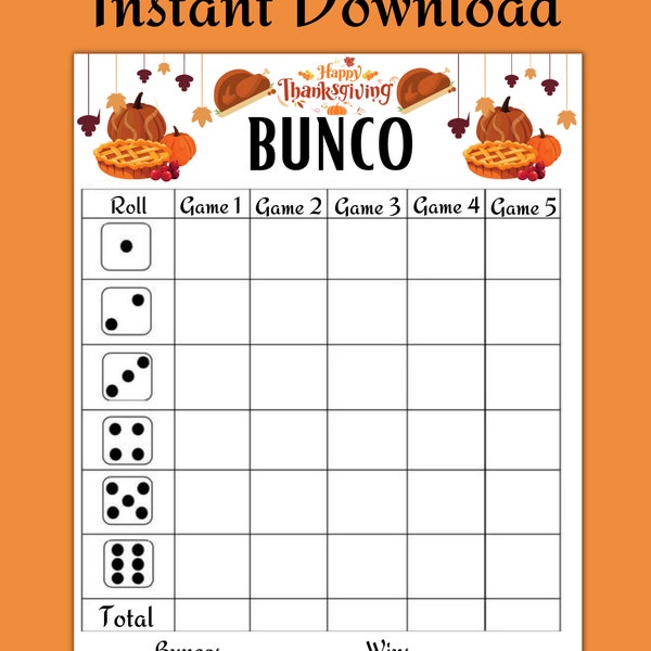 Printable Thanksgiving Bunco Score Card Sheet - Bunco Printable Game - Score Card - Table Tally Sheet - Family Thanksgiving Party Games