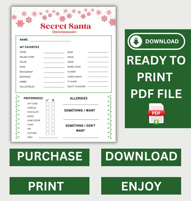 Secret Santa Questionnaire Printable Holiday Gift Exchange Etsy