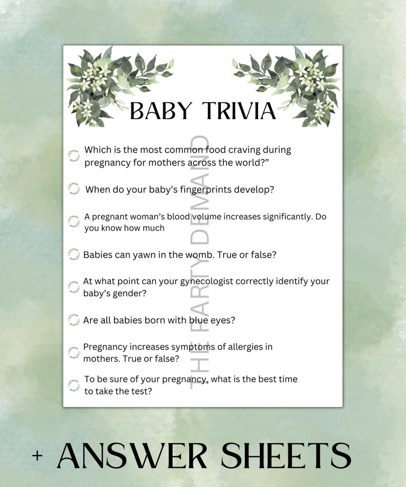 Greenery Baby Trivia Game, Baby Shower Trivia, Baby Shower Games