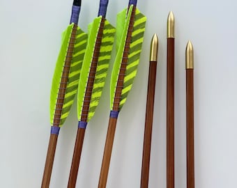 55-60# spine, Parallel Douglas Fir wood arrows, (set of 3), 125 Grain brass points (Hand Polished)