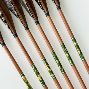 May include: Six wooden arrows with green and gold accents and brown and white fletching.