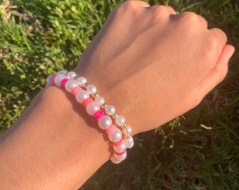 pink and pearl bracelet duo