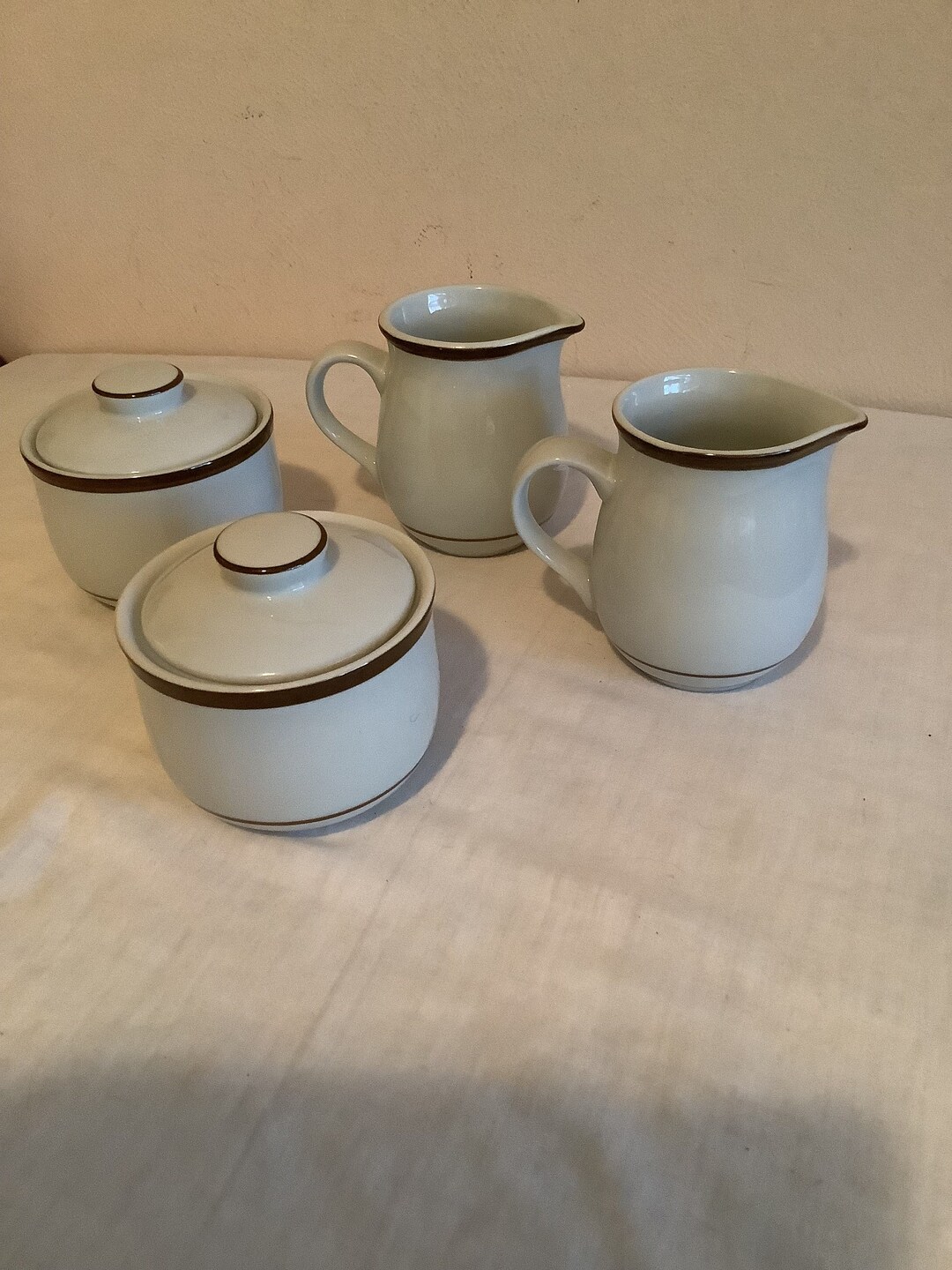2 Sets Vintage Brentwood Stoneware Japan Cream and Sugar Containers/servers off White/brown Trim