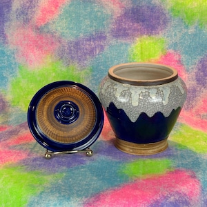 Handmade Lidded Porcelain Jar: Sapphire Blue and White Shino Glaze, 16 oz