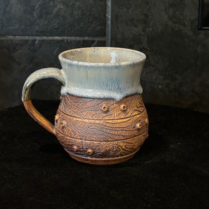 Handcrafted Ceramic Mug: Wood Barrel Design, Blue Green Glaze