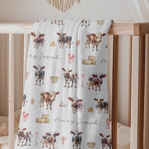 Custom Cow Baby Blanket for Boho Farm Nursery Baby Shower Gift Idea Personalized Baby Cow Blanket with Name Blanket Cow Nursery Farm Decor