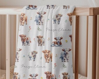 Couverture personnalisée vache Highland pour bébé, idée cadeau de shower de bébé vache Highland Boho pour petite fille, couverture personnalisée avec faire-part de nom