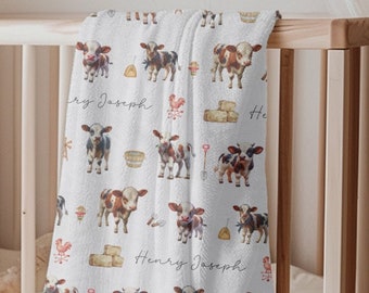 Couverture personnalisée pour bébé vache pour chambre de bébé ferme bohème, idée cadeau baby shower Couverture personnalisée pour bébé vache avec prénom, couverture vache pour chambre d'enfant, décoration de ferme