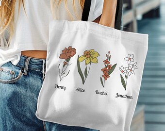Personalized Birth Flower Tote Bag with Birth Month Flower Gift Idea for Her Custom Cottagecore Aesthetic Ecofriendly Reusable Grocery Bag