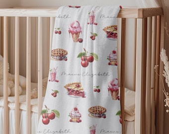 Individuelle Kirsch Baby Decke für Baby Shower Geschenk Idee für Baby Mädchen Personalisierte Kirsch Pie Decke für Kleinkind Personalisierte Name Decke