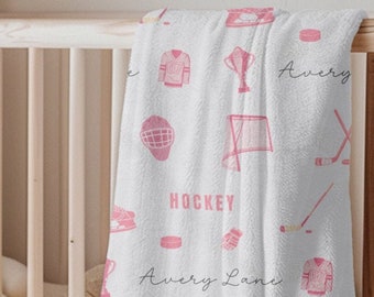 Cobertor de bebê de hóquei personalizado para amante de hóquei Ideia de presente de chá de bebê para menina Cobertor de berço com nome personalizado para menino Presente de fã de hóquei