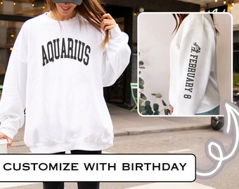 Idea única de regalo de cumpleaños para amantes del zodíaco Acuario Sudadera con estampado de mangas personalizada para ella Suéter de cuello redondo personalizado para Acuario