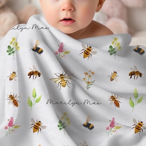 Personalisierte Honig Biene Baby Decke für Honigbiene Baby Shower Geschenk Idee Hummel Baby Decke für Bienen Thema Kinderzimmer Benutzerdefinierte Name Decke