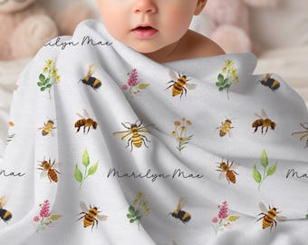 Personalized Honey Bee Baby Blanket for Honeybee Baby Shower Gift Idea Bumble Bee Baby Blanket for Bee Theme Nursery Custom Name Blanket