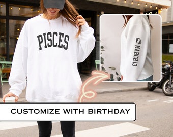 Sweat-shirt pour amoureux du zodiaque Poissons, idée cadeau d'anniversaire Sweat-shirt imprimé sur les manches pour elle Cadeau personnalisé pour amoureux du zodiaque Poissons