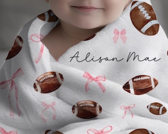 Custom Pink Coquette Football Baby Blanket for Baby Girl Football Shower Gift for Football Nursery for Football Fan Baby Blanket with Bows
