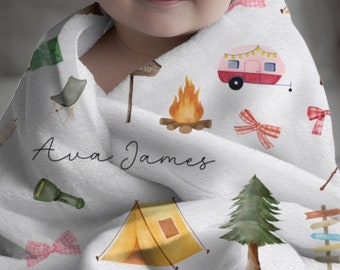 Manta de bebé personalizada para amantes del camping, idea de regalo para baby shower para niña, manta de cuna con nombre personalizado para entusiastas de las actividades al aire libre