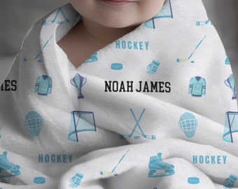 Cobertor de bebê de hóquei personalizado para amantes de hóquei Ideia de presente de chá de bebê para menino Cobertor de berço com nome personalizado para berçário de hóquei de bebê