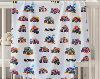 Custom Monster Truck Baby Blanket for Kids Monster Trucks Birthday Gift for Toddler Boy Blanket with Kid Name Monster Truck Personalized
