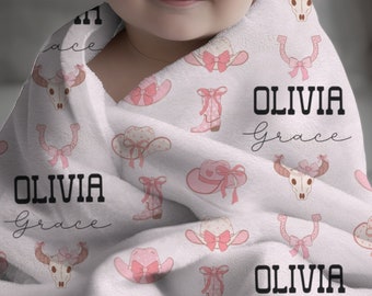 Custom Coquette Cowgirl Baby Blanket with Name for Newborn Baby Shower Gift Idea for Baby Name Announcement Swaddle Blanket for Crib