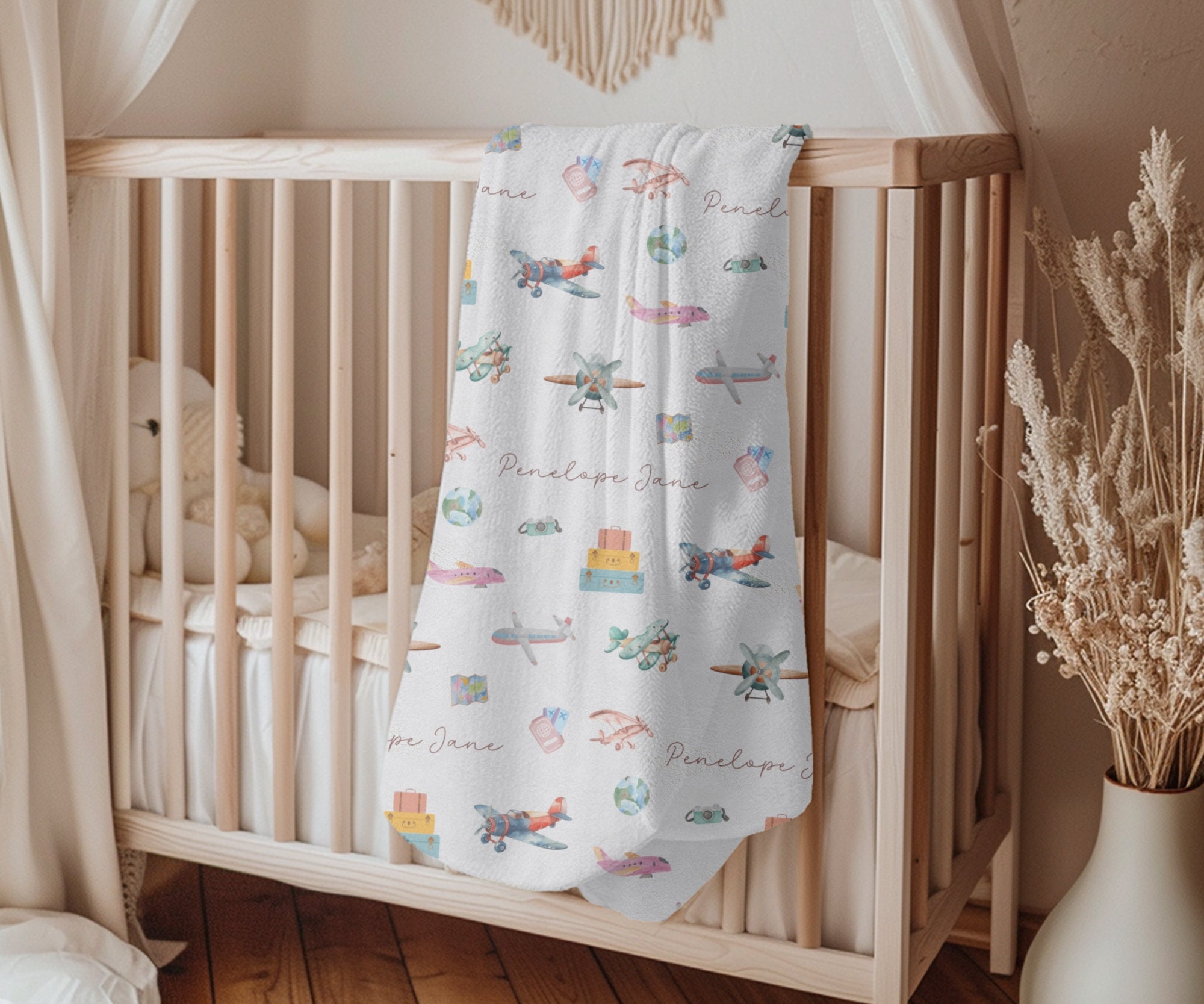 Custom Baby Boy Airplane Baby Blanket for Travel Theme Nursery Gift ...