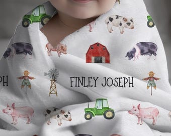 Personalized Pig Baby Blanket for Newborn Baby Pig Receiving Blanket Baby Shower Gift for Newborn Custom Name Blanket for Farm Nursery Decor