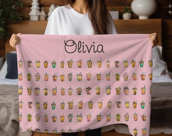 Custom Boba Blanket for Bubble Tea Lover Gift Idea for Boba Lover Kawaii Bubble Tea Decor for Teen Bubble Tea Cups Personalized Blanket