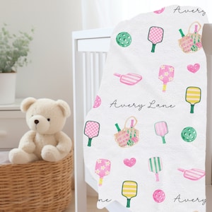 Personalized Pickleball Blanket for Baby Girl Pickleball Baby Shower Gift Idea for Baby Boy Custom Name Crib Blanket for Pickleball Lover