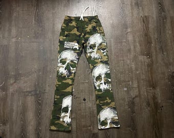 Custom Upcycled Reworked Screen Print camo stacked sweatpants – Skulls, heavy metal