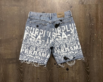 Levi’s 505 Custom Jorts – Screen Printed Denim Shorts, Reworked Levi’s Cut Off Shorts, One of a Kind Streetwear
