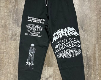 Make art not war | Akira | Heavy Metal | custom made | Y2K | hand painted | silk screen | distressed | up cycle | vintage sweatpants