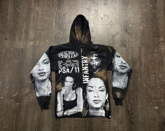 Custom Upcycled Reworked Screen Print bleached zip up hoodie – Sade Adu, Lauren Hill, 2Pac