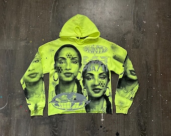 Custom Upcycled Reworked Screen Print hoodie – Sade Adu, safety green