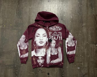 Custom Upcycled Reworked Screen Print zip up hoodie – Sade Adu, Lauren Hill, 2Pac