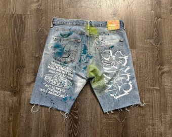 Levi's 505 | Akira | Heavy Metal | custom made | Y2K | hand painted | silk screen | distressed | up cycle | blue denim jean shorts sz. 32