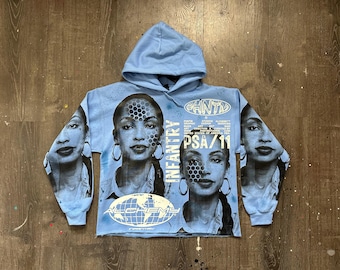 Custom Upcycled Reworked Screen Print hoodie – Sade Adu, baby blue