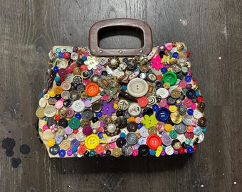 Custom Upcycled Reworked button embellished bag - vintage Nine West, wooden handle
