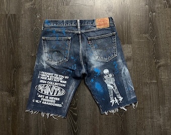 Levi's 505 | Akira | Heavy Metal | custom made | Y2K | hand painted | silk screen | distressed | up cycle | blue denim jean shorts sz. 32