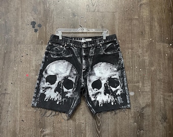 Custom Upcycled Reworked Screen Print black denim jean jorts shorts – Skulls, heavy metal