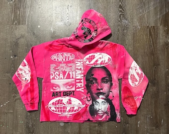 Custom Upcycled Reworked Screen Print hoodie – Sade Adu, 2 pac, hot pink