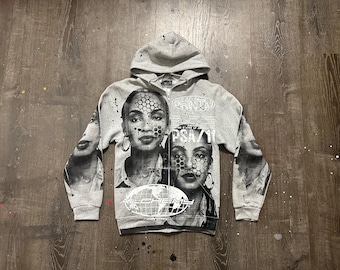 Custom Upcycled Reworked Screen Print full zip up hoodie – Sade Adu, Gray