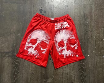Custom Upcycled Reworked Screen Print red champion gym shorts – Skulls, heavy metal