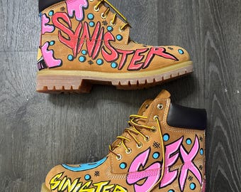 Custom Hand Painted Timberland 6 Inch Wheat Boots, One of a Kind Timberlands, Hand Painted Boots, Custom Streetwear, Wearable Art
