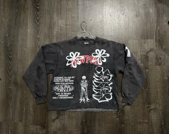 Sade Adu | Akira | Heavy Metal | custom made | Y2K | hand painted | silk screen | distressed | up cycle | vintage | gray cropped sweatshirt