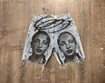 Levi’s 505 Custom Jorts – Screen Printed Denim Shorts, Reworked Levi’s Cut Off Shorts, One of a Kind Streetwear