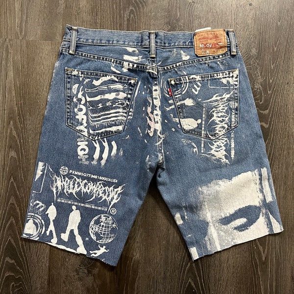 Levi's 505 | Akira | Heavy Metal | custom made | Y2K | hand painted | silk screen | distressed | up cycle | blue denim jean shorts sz. 33